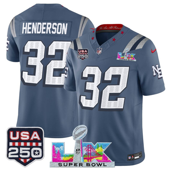 Men's New England Patriots #32 TreVeyon Henderson Storm Blue 2025 F.U.S.E. Super Bowl LX & USA 250' Patch “Rivalries” Vapor Limited Football Stitched Jersey