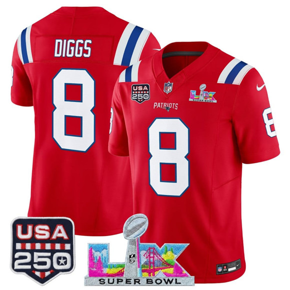Men's New England Patriots #8 Stefon Diggs Red 2025 F.U.S.E. Super Bowl LX Patch And USA 250' Patch Vapor Limited Football Stitched Jersey