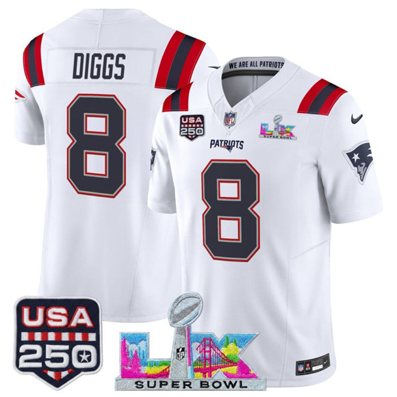 Men's New England Patriots #8 Stefon Diggs White 2025 F.U.S.E. Super Bowl LX Patch And USA 250' Patch Vapor Limited Football Stitched Jersey
