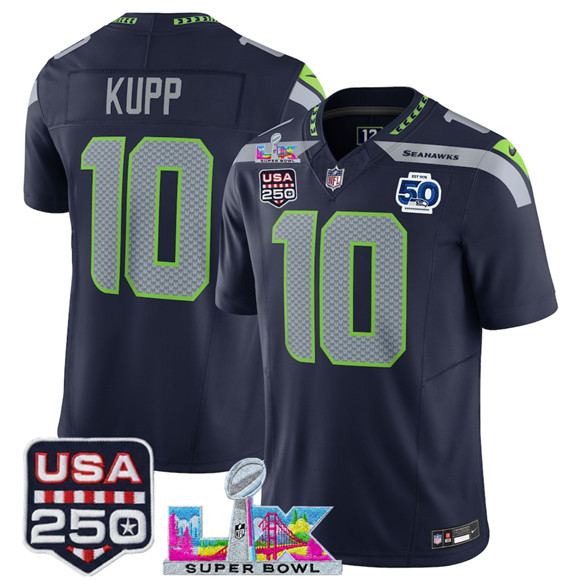 Men's Seattle Seahawks #10 Cooper Kupp Navy 2025 F.U.S.E. Super Bowl LX Patch And 50th Season Patch Vapor Limited Football Stitched Jersey
