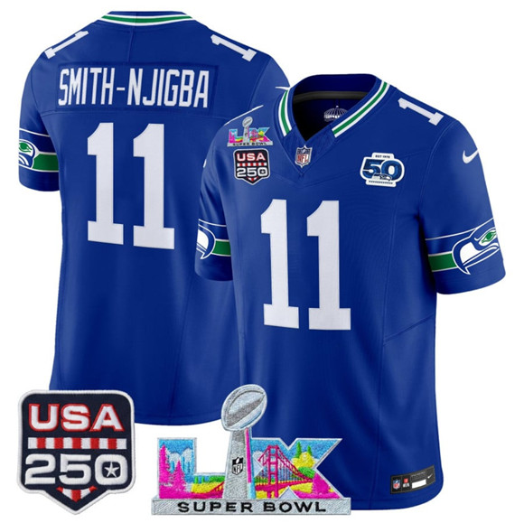 Men's Seattle Seahawks #11 Jaxon Smith-Njigba Royal 2025 F.U.S.E. Super Bowl LX Patch And 50th Season & USA 250' Patch Vapor Throwback Limited Football Stitched Jersey