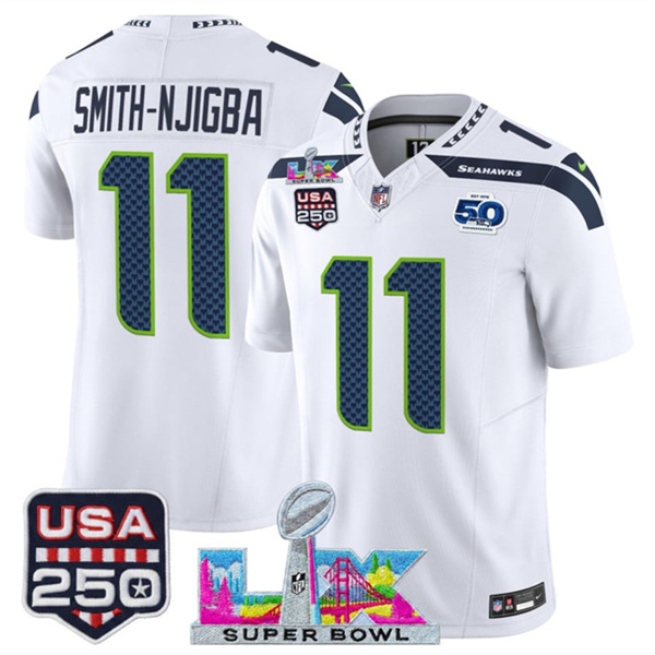 Men's Seattle Seahawks #11 Jaxon Smith-Njigba White 2025 F.U.S.E. Super Bowl LX Patch And 50th Season & USA 250' Patch Vapor Limited Football Stitched Jersey
