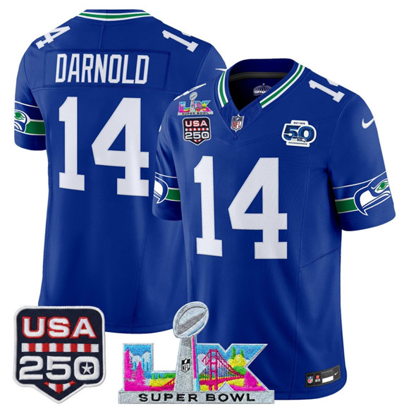 Men's Seattle Seahawks #14 Sam Darnold Royal 2025 F.U.S.E. Super Bowl LX Patch And 50th Season & USA 250' Patch Vapor Throwback Limited Football Stitched Jersey