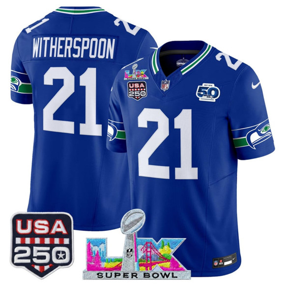 Men's Seattle Seahawks #21 Devon Witherspoon Royal 2025 F.U.S.E. Super Bowl LX Patch And 50th Season & USA 250' Patch Vapor Throwback Limited Football Stitched Jersey