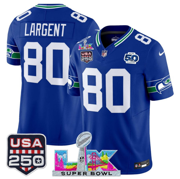 Men's Seattle Seahawks #80 Steve Largent Royal 2025 F.U.S.E. Super Bowl LX Patch And 50th Season & USA 250' Patch Vapor Throwback Limited Football Stitched Jersey