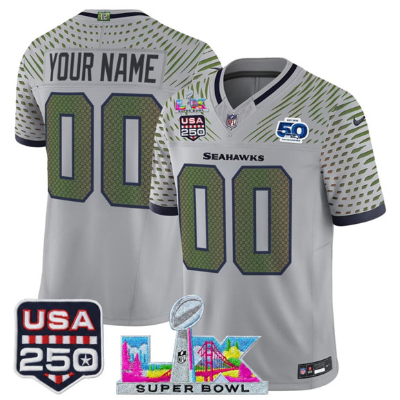 Men's Seattle Seahawks Active Player Custom Gray 2025 F.U.S.E. Super Bowl LX & US 250th anniversary Patch And 50th Season Patch “Rivalries” Vapor Limited Football Stitched Jersey
