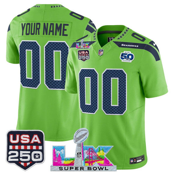 Men's Seattle Seahawks Active Player Custom Green 2025 F.U.S.E. Super Bowl LX & US 250th anniversary Patch And 50th Season Patch Vapor Limited Football Stitched Jersey
