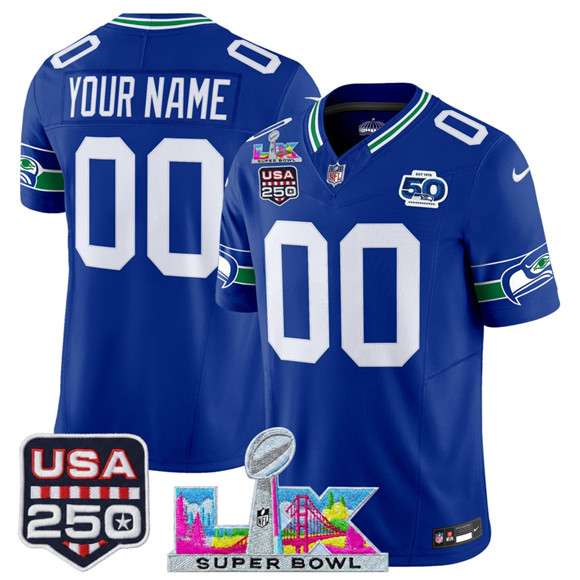 Men's Seattle Seahawks Active Player Custom Royal 2025 F.U.S.E. Super Bowl LX & US 250th anniversary Patch And 50th Season Patch Vapor Throwback Limited Football Stitched Jersey
