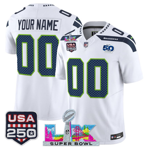 Men's Seattle Seahawks Active Player Custom White 2025 F.U.S.E. Super Bowl LX & US 250th anniversary Patch And 50th Season Patch Vapor Limited Football Stitched Jersey
