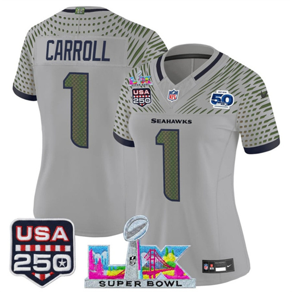 Women's Seattle Seahawks #1 Pete Carroll Gray 2025 F.U.S.E. Super Bowl LX & US 250th anniversary Patch And 50th Season Patch Rivalries Vapor Limited Football Stitched Jersey(Run Small)