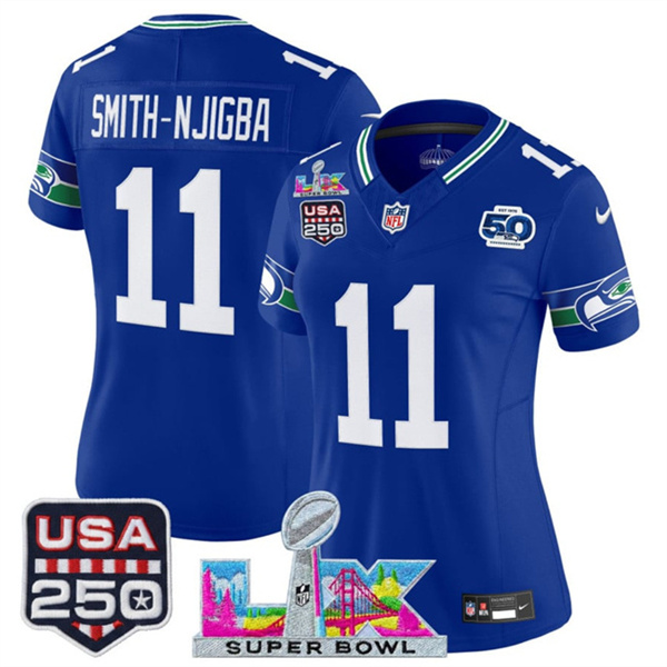 Women's Seattle Seahawks #11 Jaxon Smith-Njigba Royal 2025 F.U.S.E. Super Bowl LX Patch And 50th Season & USA 250' Patch Vapor Throwback Limited Stitched Football Jersey(Run Small)