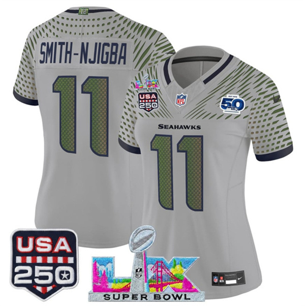 Women's Seattle Seahawks #11 Jaxon Smith-Njigba Gray 2025 F.U.S.E. Super Bowl LX & US 250th anniversary Patch And 50th Season Patch “Rivalries” Vapor Limited Football Stitched Jersey(Run Smal