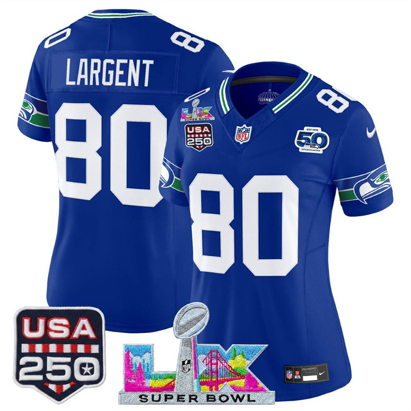 Women's Seattle Seahawks #80 Steve Largent Royal 2025 F.U.S.E. Super Bowl LX Patch And 50th Season & USA 250' Patch Vapor Throwback Limited Stitched Football Je