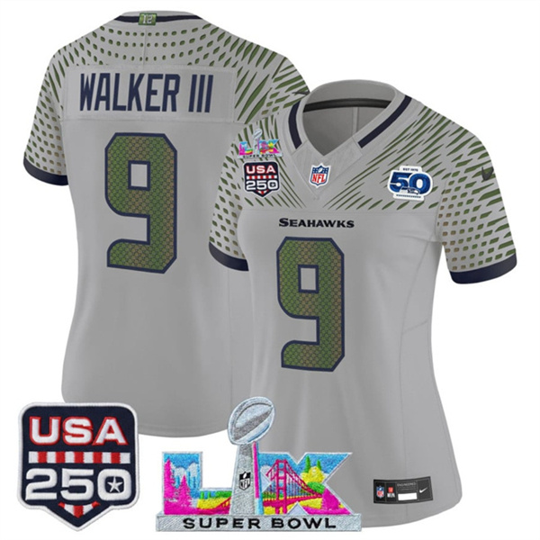 Women's Seattle Seahawks #9 Kenneth Walker III Gray 2025 F.U.S.E. Super Bowl LX & US 250th anniversary Patch And 50th Season Patch “Rivalries” Vapor Limited Football Stitched Jersey(Run Small