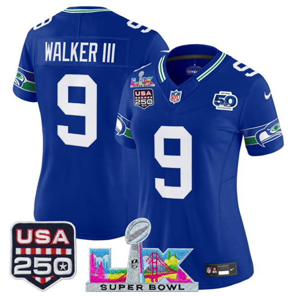 Women's Seattle Seahawks #9 Kenneth Walker III Royal 2025 F.U.S.E. Super Bowl LX Patch And 50th Season & USA 250' Patch Vapor Throwback Limited Stitched Football Jersey(Run Small)