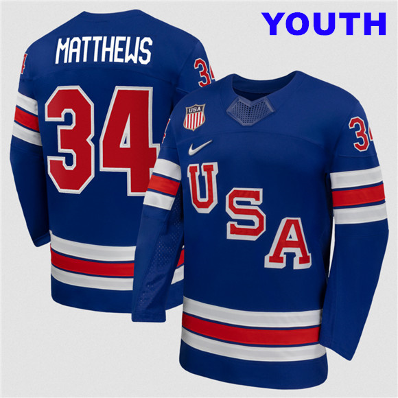 Youth USA #34 Auston Matthews Royal 2026 Stitched Jersey