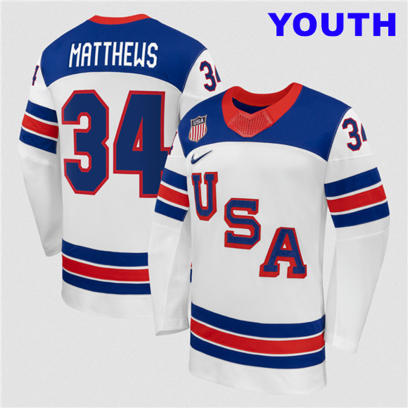 Youth USA #34 Auston Matthews White 2026 Stitched Jersey