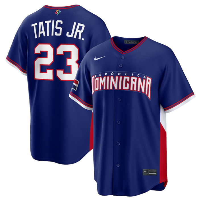 Men's Dominican Republic Baseball #23 Fernando Tatis Jr. Navy 2026 World Baseball Classic Road Stadium Stitched Jersey