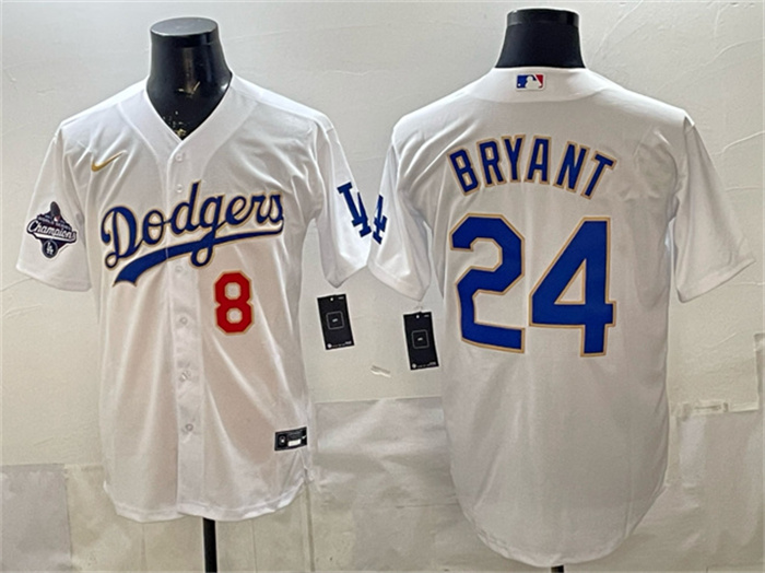 Men's Los Angeles Dodgers Front #8 Back #24 Kobe Bryant White Gold With 2025 World Series Champions Patch Stitched Baseball Jersey