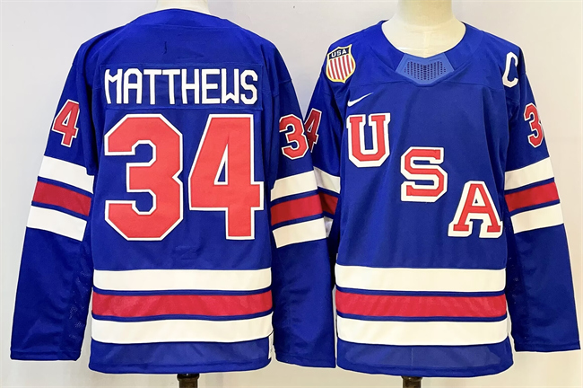 Men's USA #34 Auston Matthews Royal 2025-2026 With C Patch Stitched Jersey