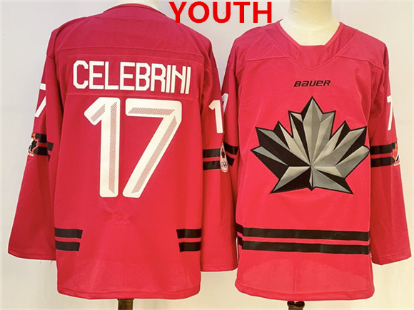 Youth Canada Hockey #17 Macklin Celebrini Red 2026 Olympics Stitched Jersey
