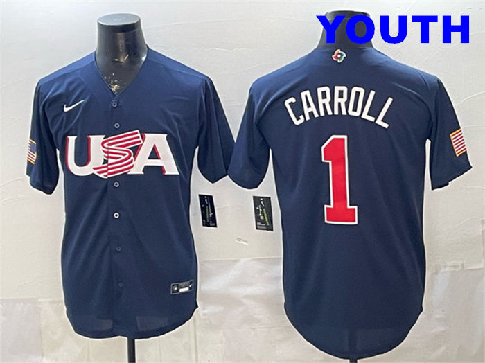 Youth USA Baseball #1 Corbin Carroll Navy World Baseball Classic Stitched Jersey