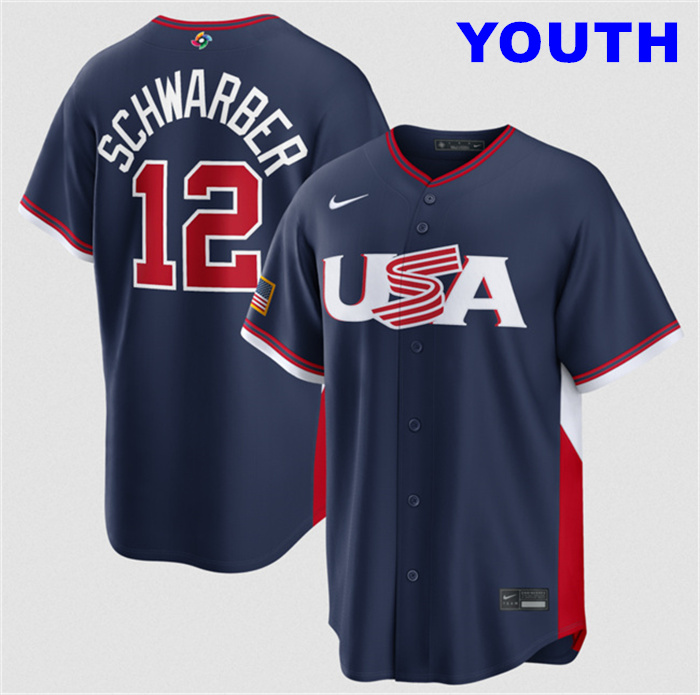 Youth USA Baseball #12 Kyle Schwarber Navy 2026 World Baseball Classic Road Stadium Stitched Jersey