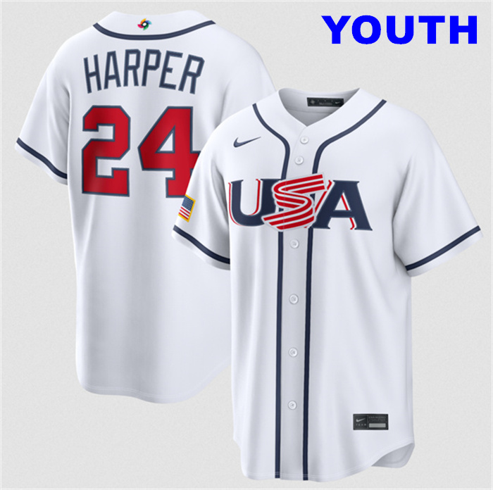 Youth USA Baseball #24 Bryce Harper White 2026 World Baseball Classic Home Stadium Stitched Jersey
