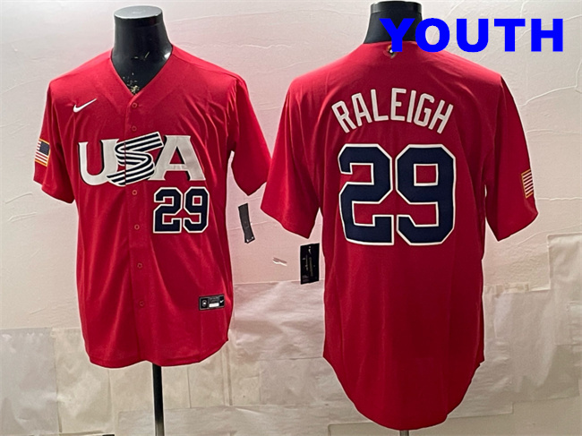 Youth USA Baseball #29 Cal Raleigh Red 2026 WBC World Baseball Classic Stitched Jersey