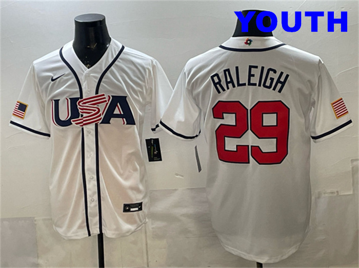 Youth USA Baseball #29 Cal Raleigh White 2026 World Baseball Classic Home Stadium Stitched Jersey