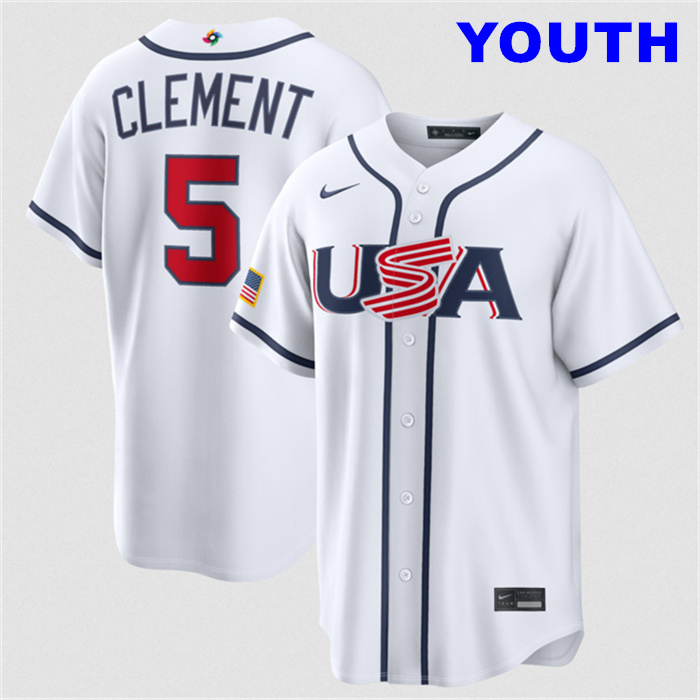 Youth USA Baseball #5 Ernie Clement White 2026 World Baseball Classic Home Stadium Stitched Jersey