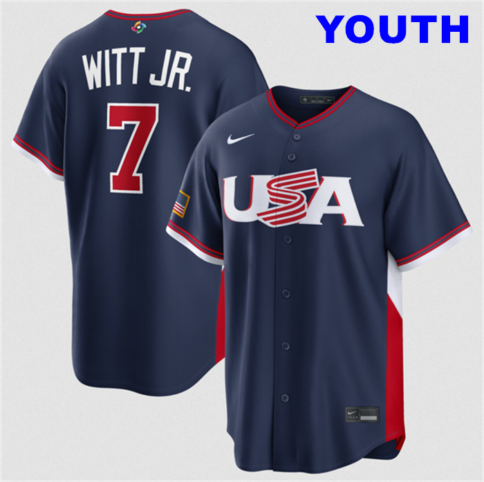 Youth USA Baseball #7 Bobby Witt Jr. Navy 2026 World Baseball Classic Road Stadium Stitched Jersey