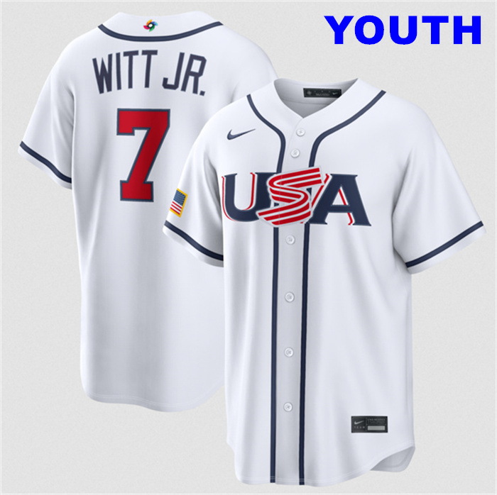 Youth USA Baseball #7 Bobby Witt Jr. White 2026 World Baseball Classic Home Stadium Stitched Jersey