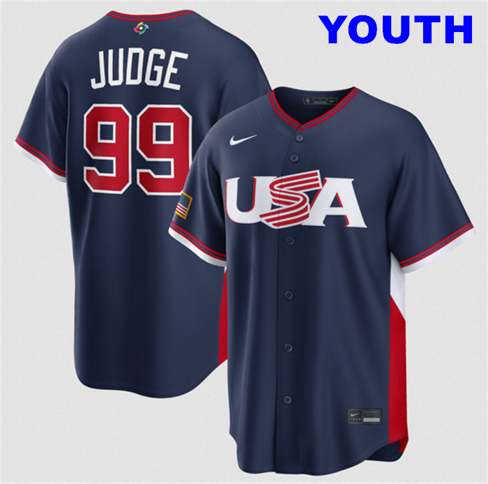 Youth USA Baseball #99 Aaron Judge Navy 2026 World Baseball Classic Road Stadium Stitched Jersey