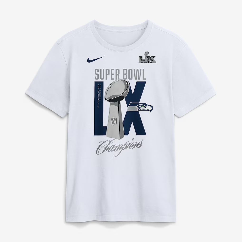 Men's Nike White Seattle Seahawks Super Bowl LX Champions Lombardi Trophy T-Shirt