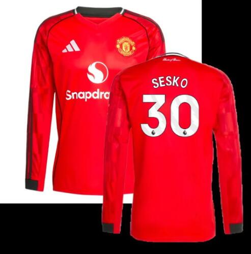 Men's Manchester United #30 Sesko 2025-26 Home Red Soccer Long Sleeve Shirt AAA Jersey