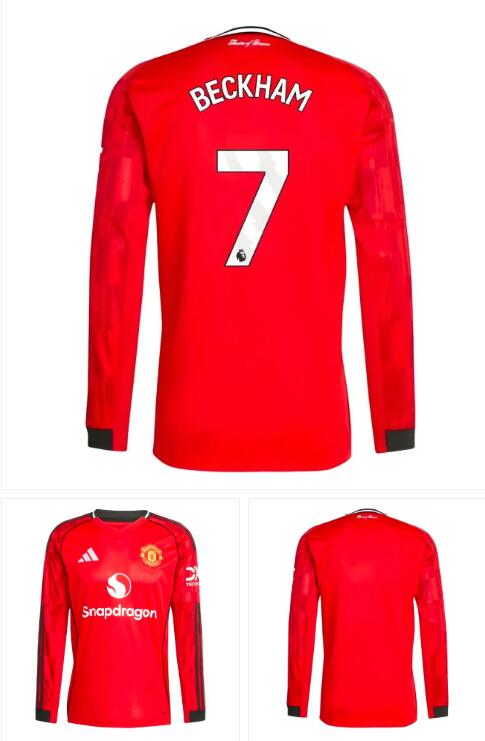 Men's Manchester United #7 Beckham 2025-26 Home Red Soccer Long Sleeve Shirt AAA Jersey