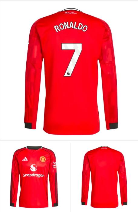 Men's Manchester United #7 Ronaldo 2025-26 Home Red Soccer Long Sleeve Shirt AAA Jersey