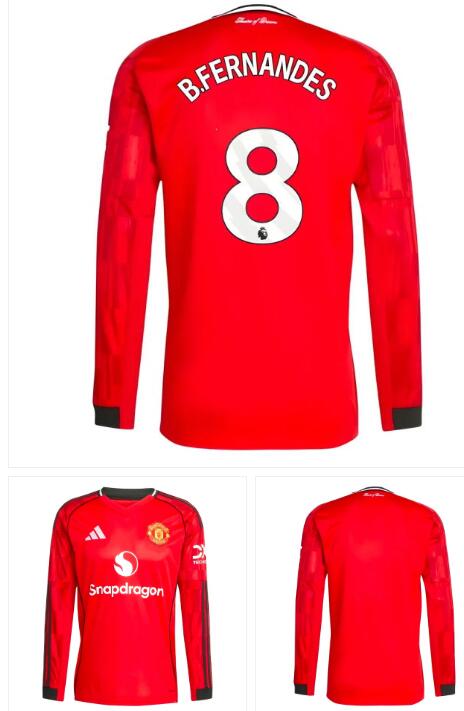 Men's Manchester United #8 B.Fernandes 2025-26 Home Red Soccer Long Sleeve Shirt AAA Jersey