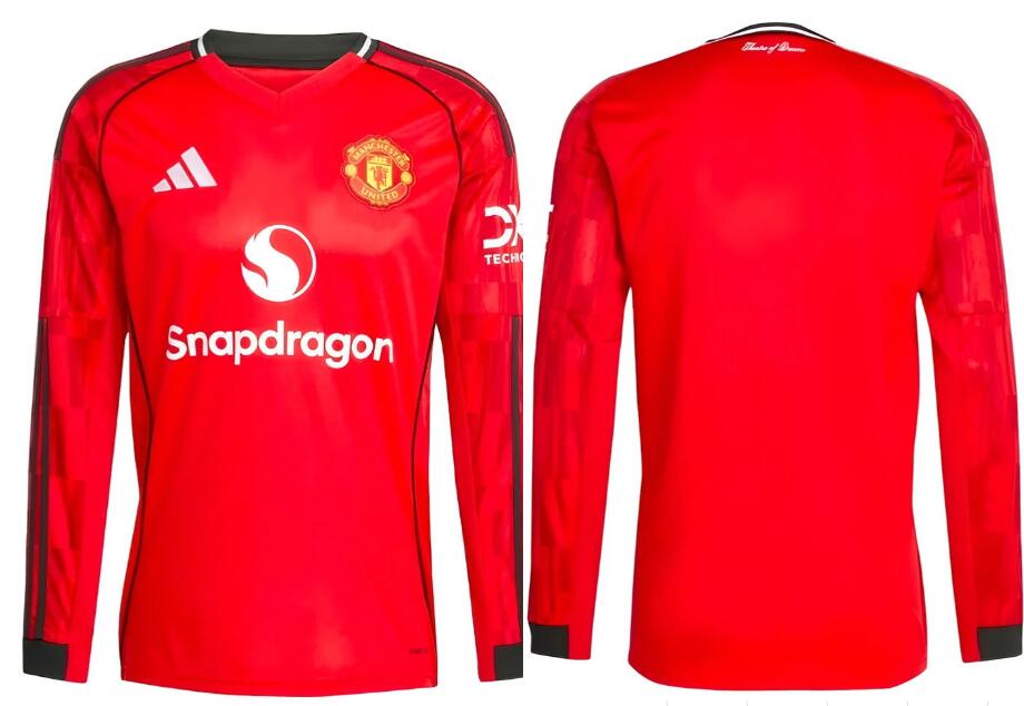 Men's Manchester United Blank Or Custom 2025-26 Home Red Soccer Long Sleeve Shirt AAA Jersey