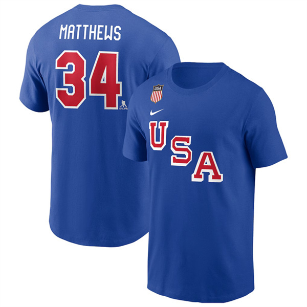 Men's US Hockey #34 Auston Matthews Royal 2026 Name & Number T-Shirt