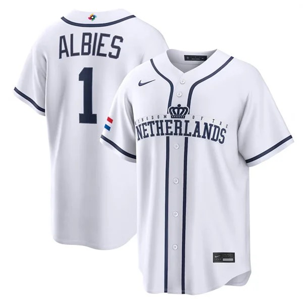 Netherlands Baseball #1 Ozzie Albies Nike White 2026 World Baseball Classic Home Stadium Jersey
