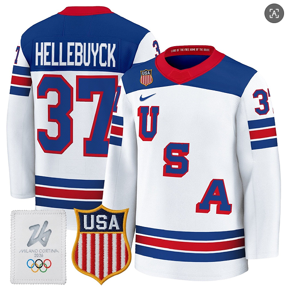 Men's USA #37 Connor Hellebuyck Home White 2026 Olympic Hockey Jersey