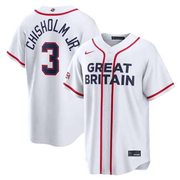 Men's Great Britain Baseball #3 Jazz Chisholm Jr. Nike White 2026 World Baseball Classic Home Stadium Jersey