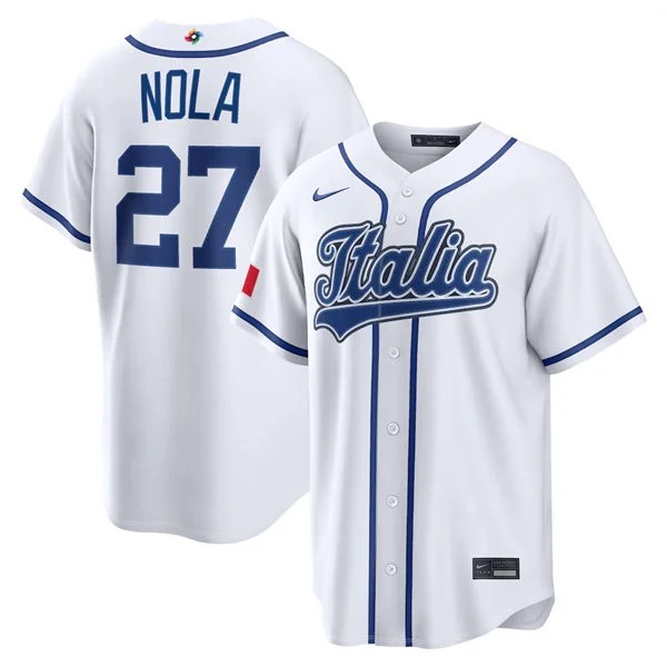 Men's Italy Baseball #27 Aaron Nola Nike White 2026 World Baseball Classic Home Stadium Jersey