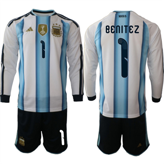 Men's Argentina #1 Benitez Long Sleeve National Team FIFA x World Cup 2026 Home White On Field Jersey