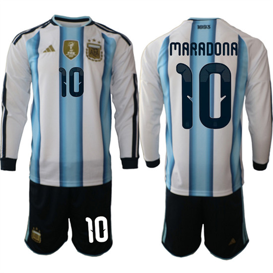 Men's Argentina #10 MARADONA Long Sleeve National Team FIFA x World Cup 2026 Home White On Field Jersey