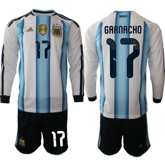 Men's Argentina #17 GARNACHO Long Sleeve National Team FIFA x World Cup 2026 Home White On Field Jersey