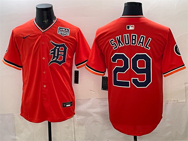 Men's Detroit Tigers #29 Tarik Skubal Orange 2026 Alternate USA 250' Patch Vapor Premier Limited Stitched Baseball Jersey