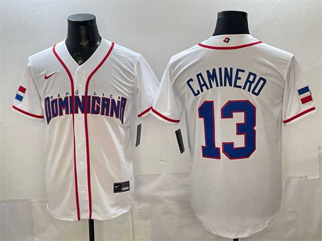Men's Dominican Republic Baseball #13 Junior Caminero White 2026 World Baseball Classic Home Stadium Stitched Jersey